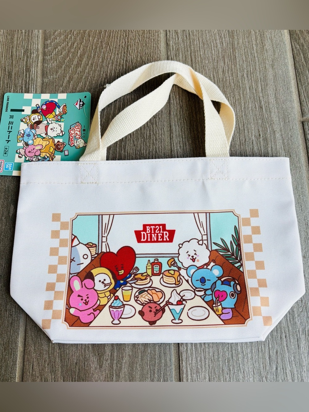 BTS BT 21 Diner Ivory/Multicolor Ichiban kuji Fabric Tote Bag size 12”x8”x4”